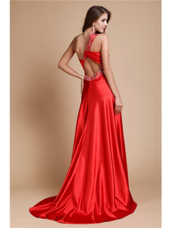 A-Line/Princess One Shoulder Beading Sleeveless Long Elastic Woven Satin Dresses