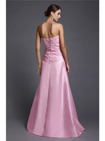 A-Line/Princess Strapless Long Beading Elastic Woven Satin Dresses