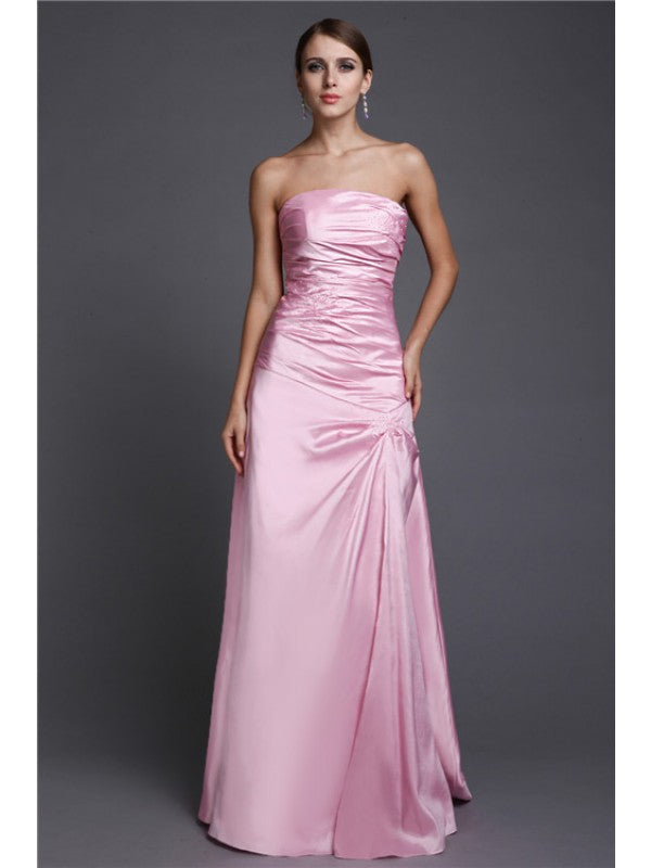 A-Line/Princess Strapless Long Beading Elastic Woven Satin Dresses