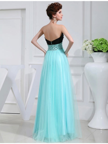 A-Line/Princess Beading Sweetheart Sleeveless Elastic Woven Satin Dresses