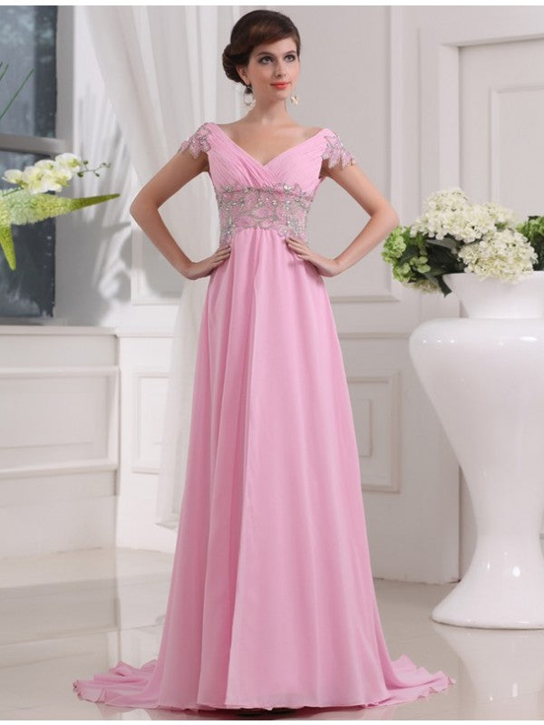 A-Line/Princess V-neck Long Short Sleeves Beading Chiffon Dresses