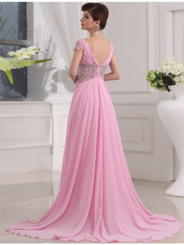 A-Line/Princess V-neck Long Short Sleeves Beading Chiffon Dresses