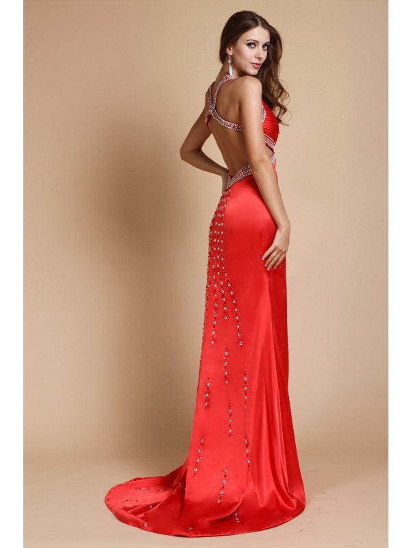 Sheath/Column Straps Beading Sleeveless Long Elastic Woven Satin Dresses