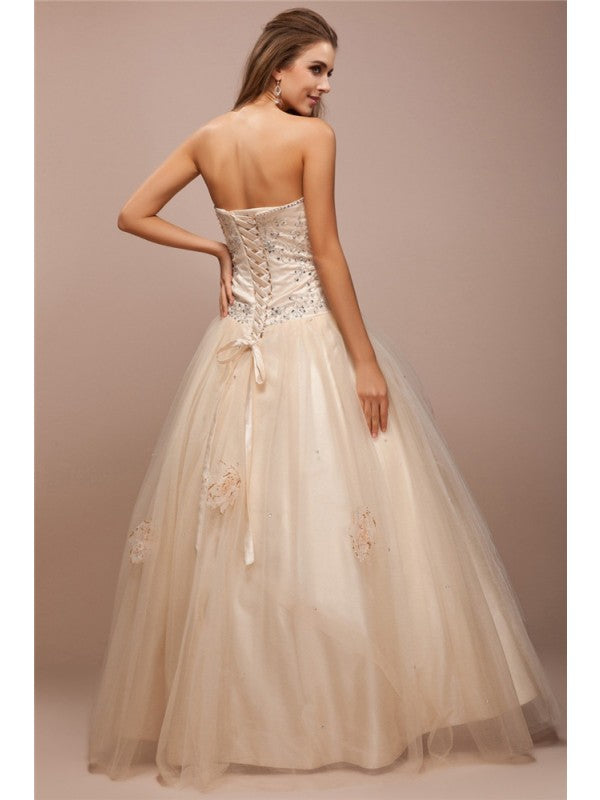 Ball Gown Strapless Sleeveless Lace Long Beading Net Satin Dresses