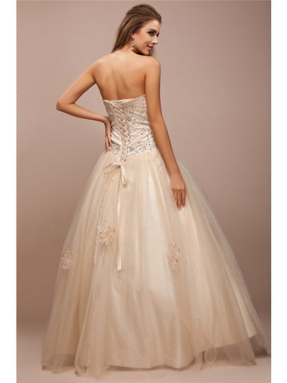 Ball Gown Strapless Sleeveless Lace Long Beading Net Satin Dresses