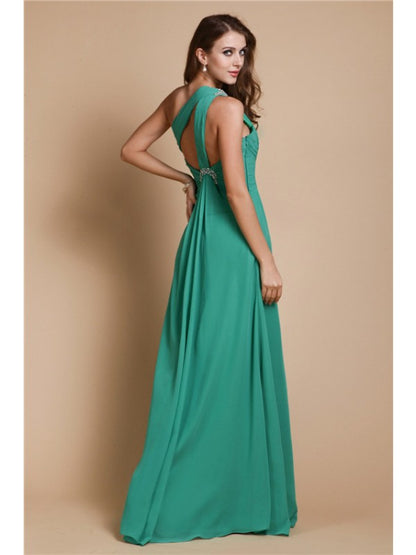 A-Line/Princess One Shoulder Sleeveless Beading Long Chiffon Dresses