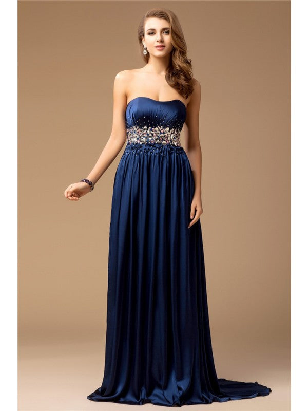 Sheath/Column Strapless Sleeveless Long Rhinestone Silk like Satin Dresses