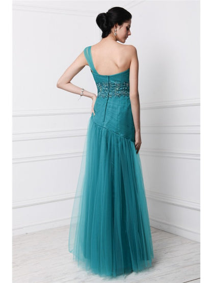 Sheath/Column One-Shoulder Sleeveless Beading Applique Long Net Dresses