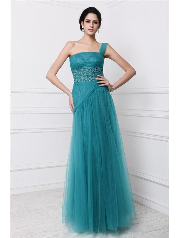 Sheath/Column One-Shoulder Sleeveless Beading Applique Long Net Dresses