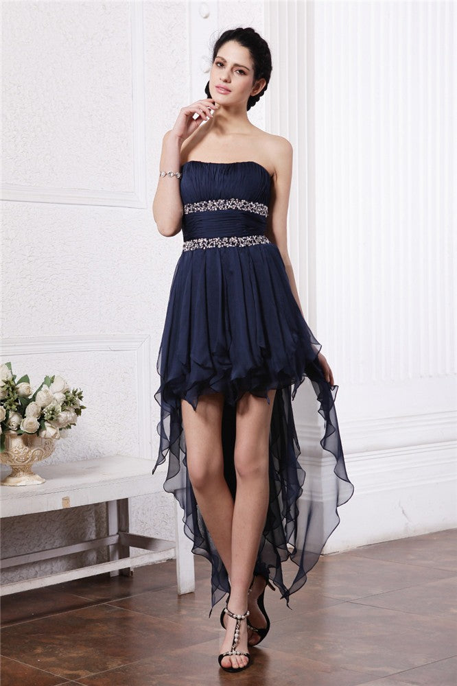 Sheath/Column Strapless Sleeveless Beading High Low Chiffon Cocktail Dresses