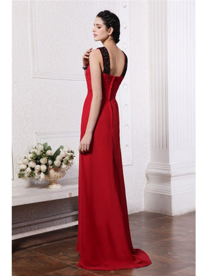 Sheath/Column V-neck Sleeveless Beading Long Chiffon Dresses