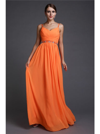 A-Line/Princess Spaghetti Straps Sleeveless Beading Long Chiffon Dresses