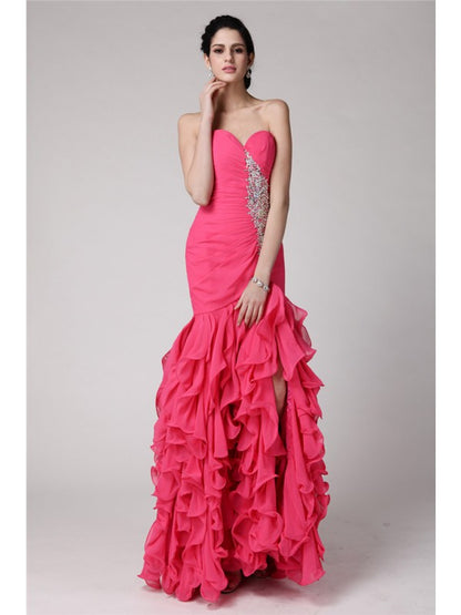 Trumpet/Mermaid Sweetheart Sleeveless Beading Ruffles Long Chiffon Dresses