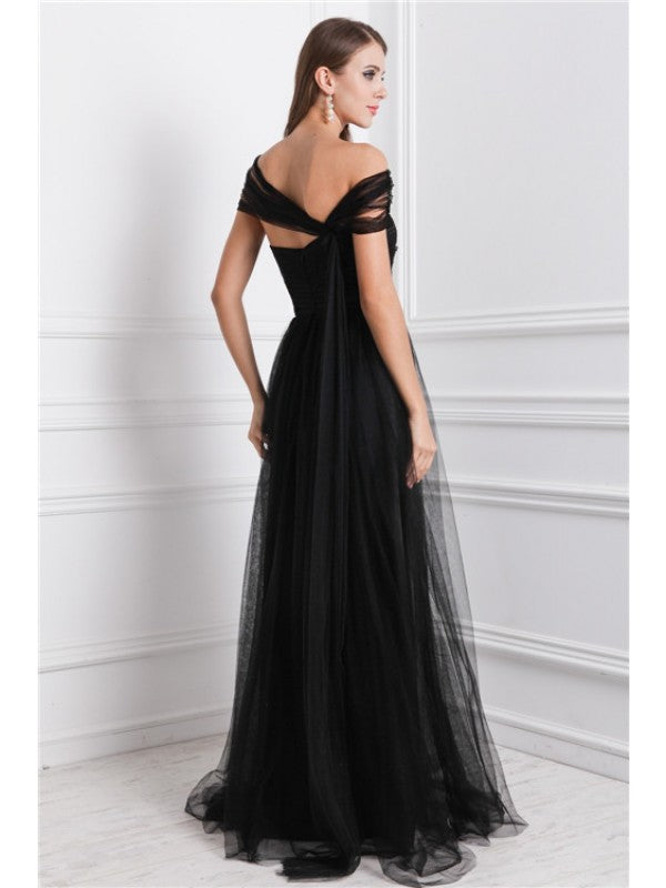 A-Line/Princess Bateau Sleeveless Ruffles Long Net Dresses