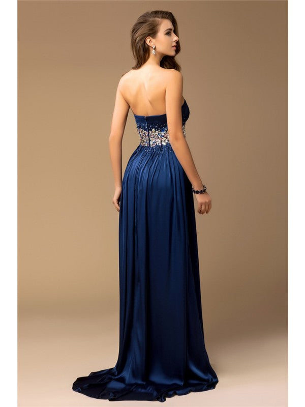 Sheath/Column Strapless Sleeveless Long Rhinestone Silk like Satin Dresses