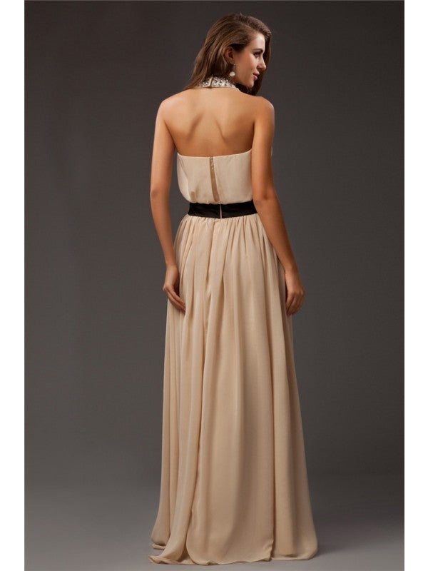 Sheath/Column Jewel Beading Sleeveless Long Chiffon Dresses