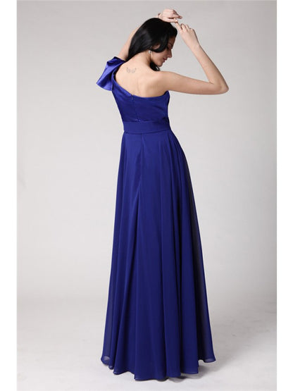 A-Line/Princess One-Shoulder Sleeveless Long Pleats Elastic Woven Satin Chiffon Dresses