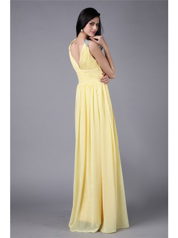 Sheath/Column V-neck Sleeveless Beading Long Chiffon Dresses