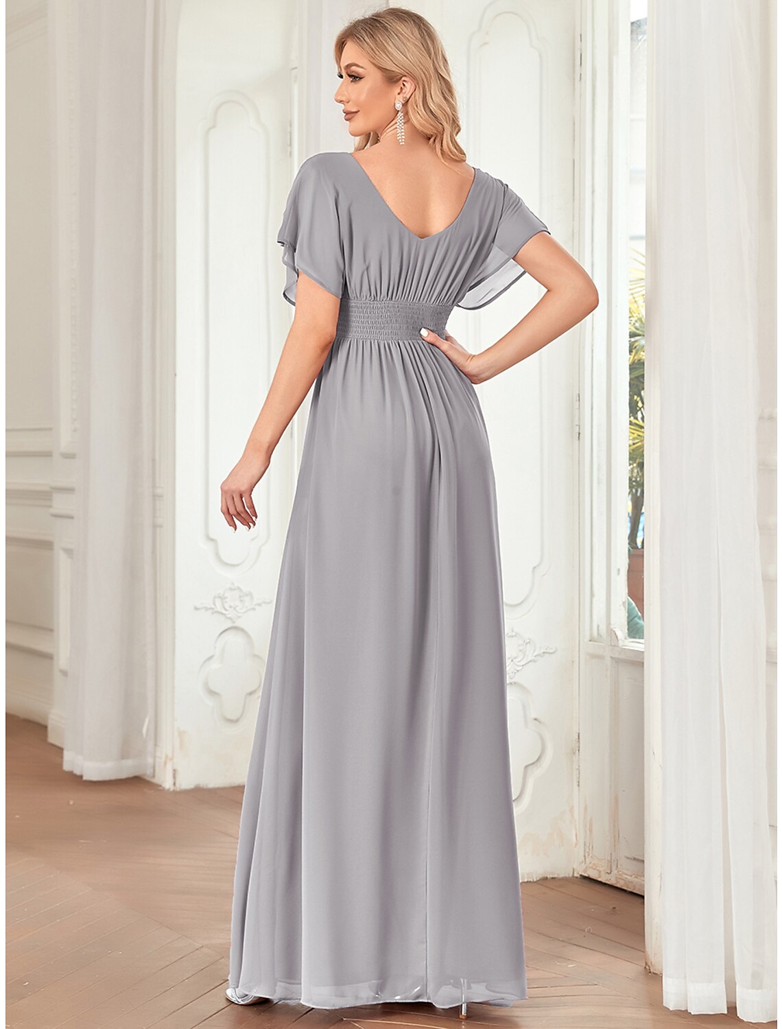 A-Line Elegant Formal Evening Dress V Neck Short Sleeve Floor Length Chiffon with Draping