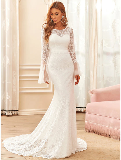 Reception Boho Wedding Dresses Mermaid / Trumpet Illusion Neck Long Sleeve Sweep / Brush Train Lace Bridal Gowns With Lace