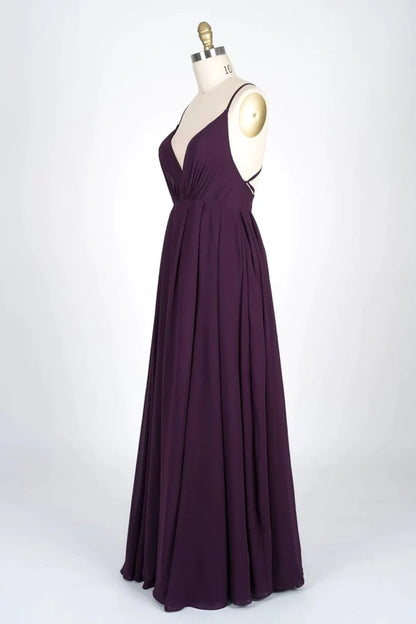 V-Neck Spaghetti Strap Criss-Cross Strappy Plum Chiffon Bridesmaid Dress