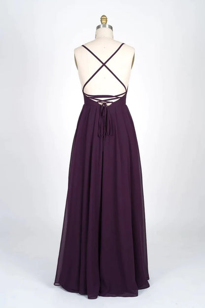 V-Neck Spaghetti Strap Criss-Cross Strappy Plum Chiffon Bridesmaid Dress