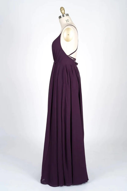 V-Neck Spaghetti Strap Criss-Cross Strappy Plum Chiffon Bridesmaid Dress