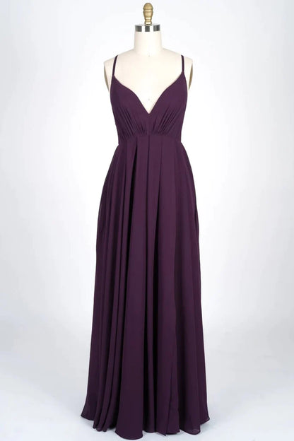 V-Neck Spaghetti Strap Criss-Cross Strappy Plum Chiffon Bridesmaid Dress