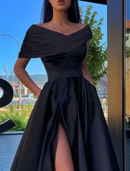 A-Line Prom Dresses Black Dress Formal Wedding Party Floor Length Short Sleeve Off Shoulder Satin with Ruched Slit