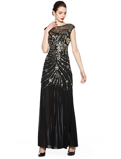 A-Line Evening Gown Vintage Dress Holiday Party Wear Floor Length Sleeveless Jewel Neck Spandex V Back with Sequin Embroidery