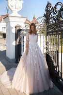 Buyishang Simple Jewel Long Sleeve Brush Train Tulle Ball Gown Wedding Dress with Appliques