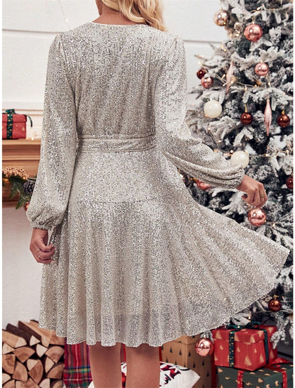 Women's Silver Sequin Dress Christmas Party Dress Cocktail Dress Mini Dress Silver Long Sleeve Pure Color Lace up Spring Fall Winter V Neck Winter Dress Christmas