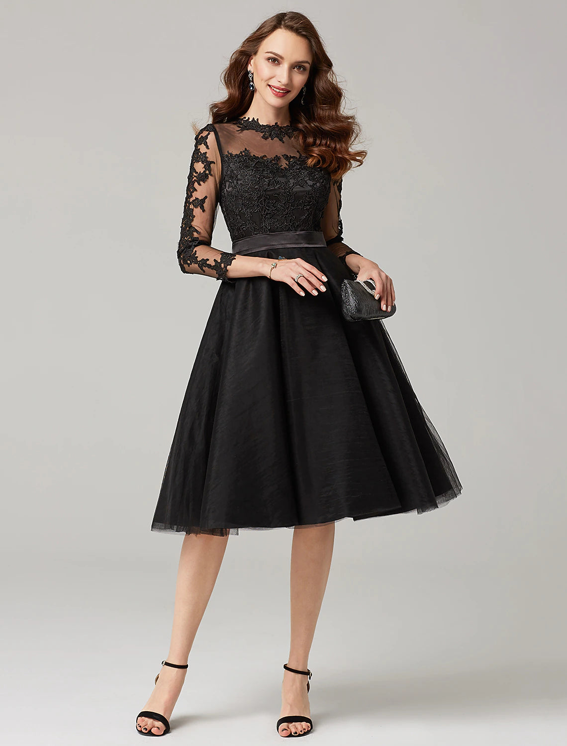 A-Line Elegant Dress Wedding Guest Prom Knee Length 3/4 Length Sleeve Illusion Neck Tulle Over Lace with Appliques