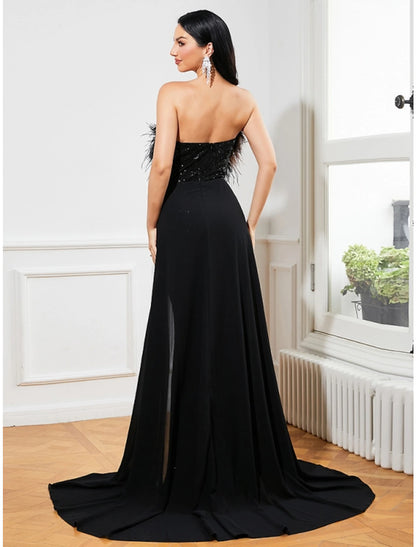 A-Line Evening Gown Black Dress Sparkle & Shine Dress Formal Fall Sweep / Brush Train Sleeveless Strapless Sequined with Feather Glitter