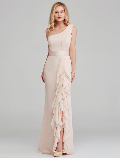 Sheath / Column Bridesmaid Dress One Shoulder Sleeveless Elegant Long Length Chiffon with Cascading Ruffles