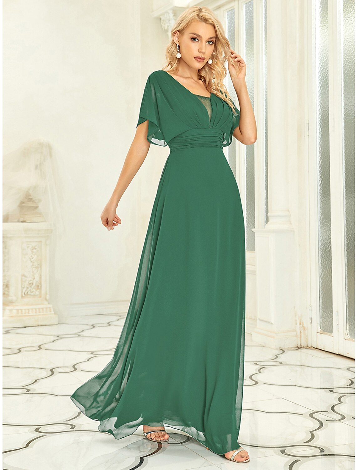 A-Line Elegant Formal Evening Dress V Neck Short Sleeve Floor Length Chiffon with Draping