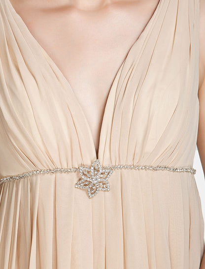 A-Line Bridesmaid Dress V Neck Sleeveless Beautiful Back Floor Length Chiffon with Pleats / Beading / Draping