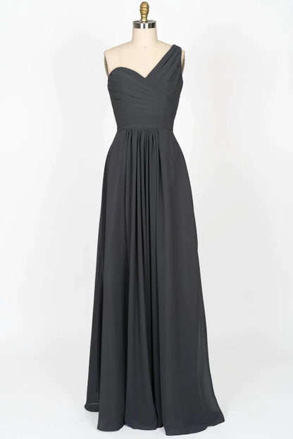 One Shoulder Pleated Bodice Steel Grey Chiffon Long Bridesmaid Dress