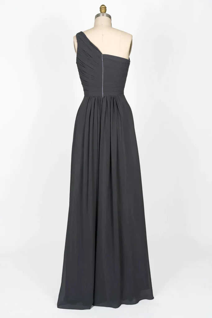 One Shoulder Pleated Bodice Steel Grey Chiffon Long Bridesmaid Dress