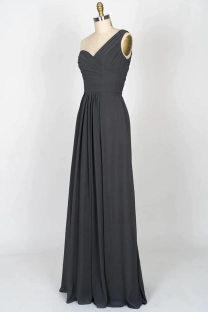 One Shoulder Pleated Bodice Steel Grey Chiffon Long Bridesmaid Dress