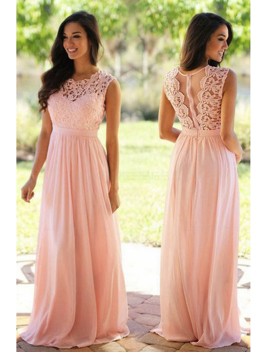 A-Line Bridesmaid Dress Jewel Neck Sleeveless Elegant Floor Length Chiffon / Lace with Sash / Ribbon / Pleats