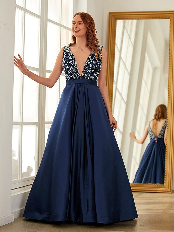 A-Line/Princess Satin Beading V-neck Sleeveless Sweep/Brush Train Dresses