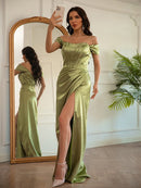 Sheath/Column  Woven Satin Ruched Off-the-Shoulder Sleeveless Floor-Length Dresses