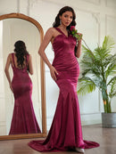 Sheath/Column Silk like Satin Ruched Halter Sleeveless Sweep/Brush Train Dresses