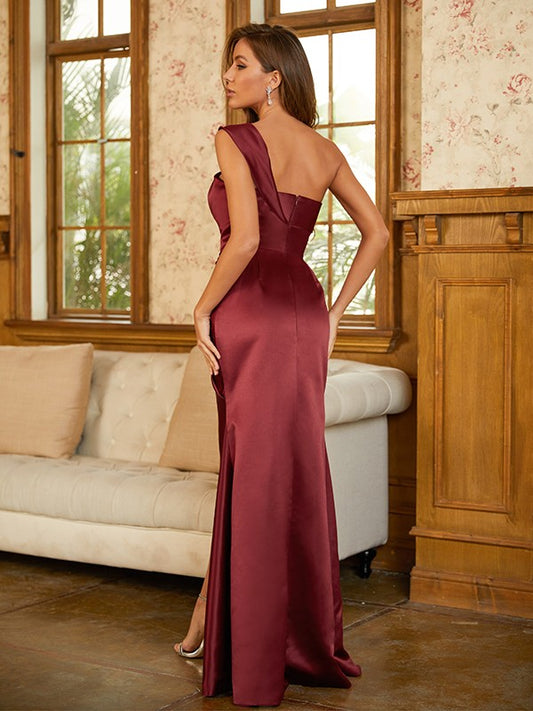 Sheath/Column  Woven Satin Ruched One-Shoulder Sleeveless Floor-Length Dresses