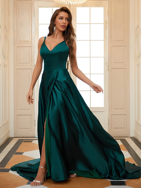 A-Line/Princess Elastic Woven Satin Ruffles V-neck Sleeveless Court Train Dresses