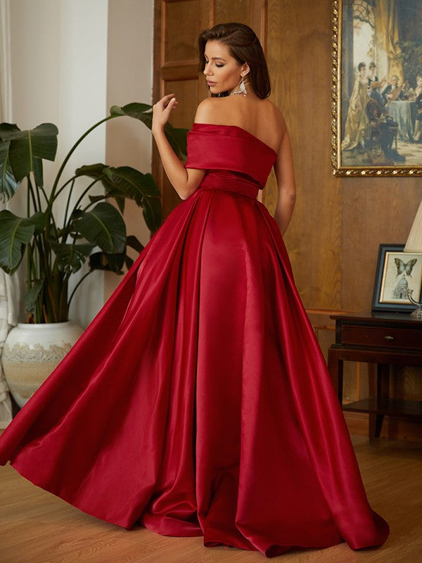 A-Line/Princess Satin Ruffles One-Shoulder Sleeveless Sweep/Brush Train Dresses