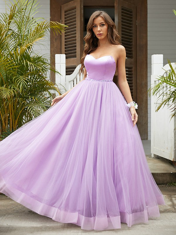 A-Line/Princess Tulle Ruffles Sweetheart Sleeveless Floor-Length Dresses