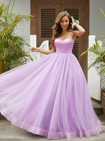 A-Line/Princess Tulle Ruffles Sweetheart Sleeveless Floor-Length Dresses