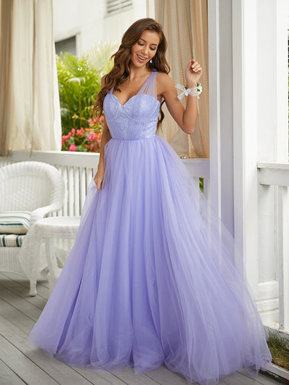 A-Line/Princess Tulle Lace Sweetheart Sleeveless Sweep/Brush Train Dresses